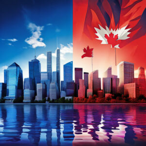 american and canadian flags juxtaposed atop skyscrapers investment graphs and currency symbols floa